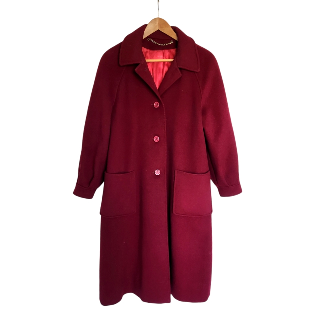 Vintage Coat Womens Burgundy Red Wine Long 100% Wool Union Made USA SZ Large